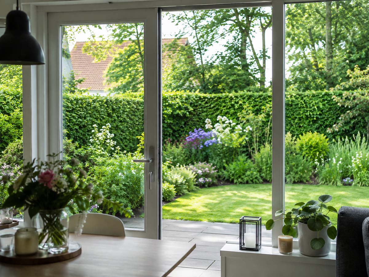 Blick aus dem Haus auf einen grünen Garten mit Hecke und Staudenbeet