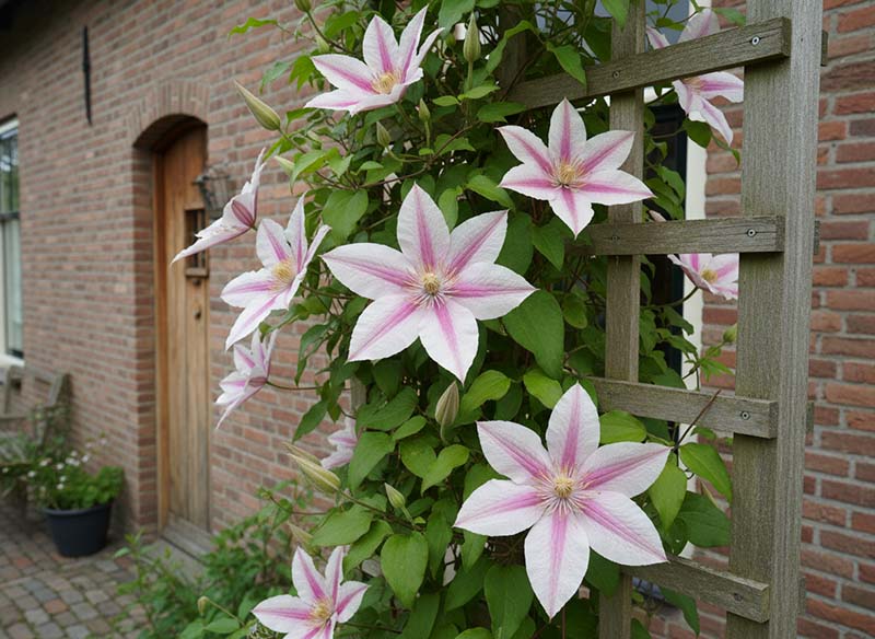Großblumige Clematis an einem Rankgitter